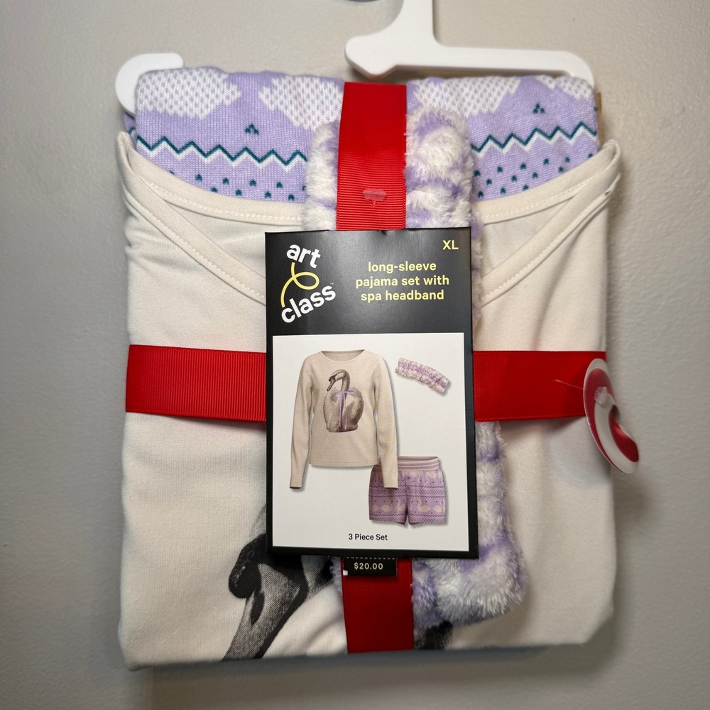Art Class 3-Piece Pajama Set Swan Long Sleeve Shorts Spa Headband Girls XL NEW